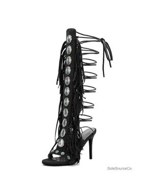Gladiator Lace Up Knee High Heels Stiletto Strappy Fringe Boots Open Toe Suede